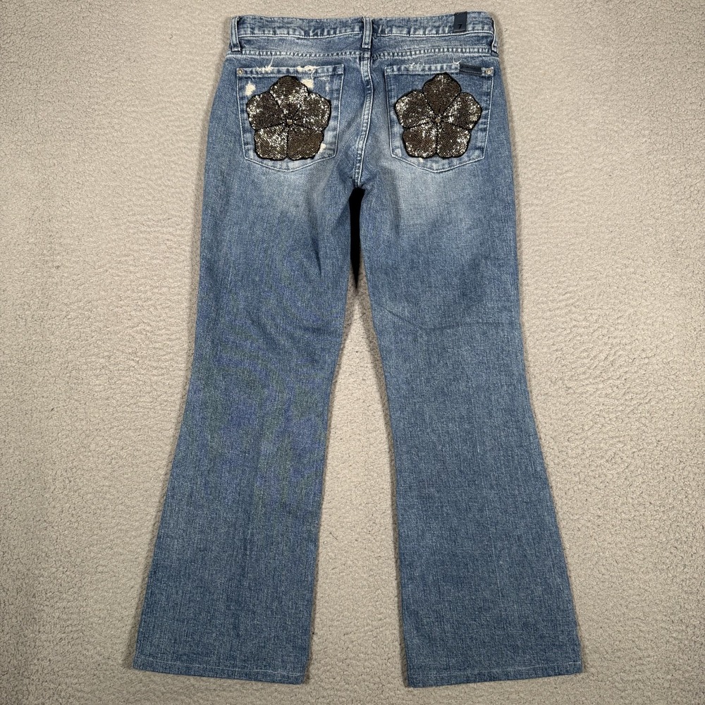 7 For All Mankind Jeans Womens 30x27 Original Bootcut Beaded Flowers Denim Logo